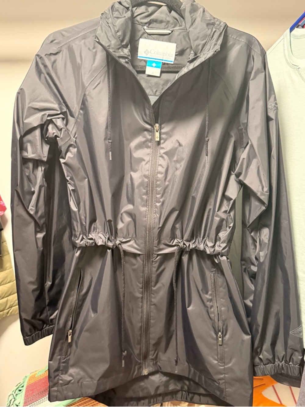 Columbia Women's Hooded Windbreaker Jacket Black Size S Lightweight Cinch Waist